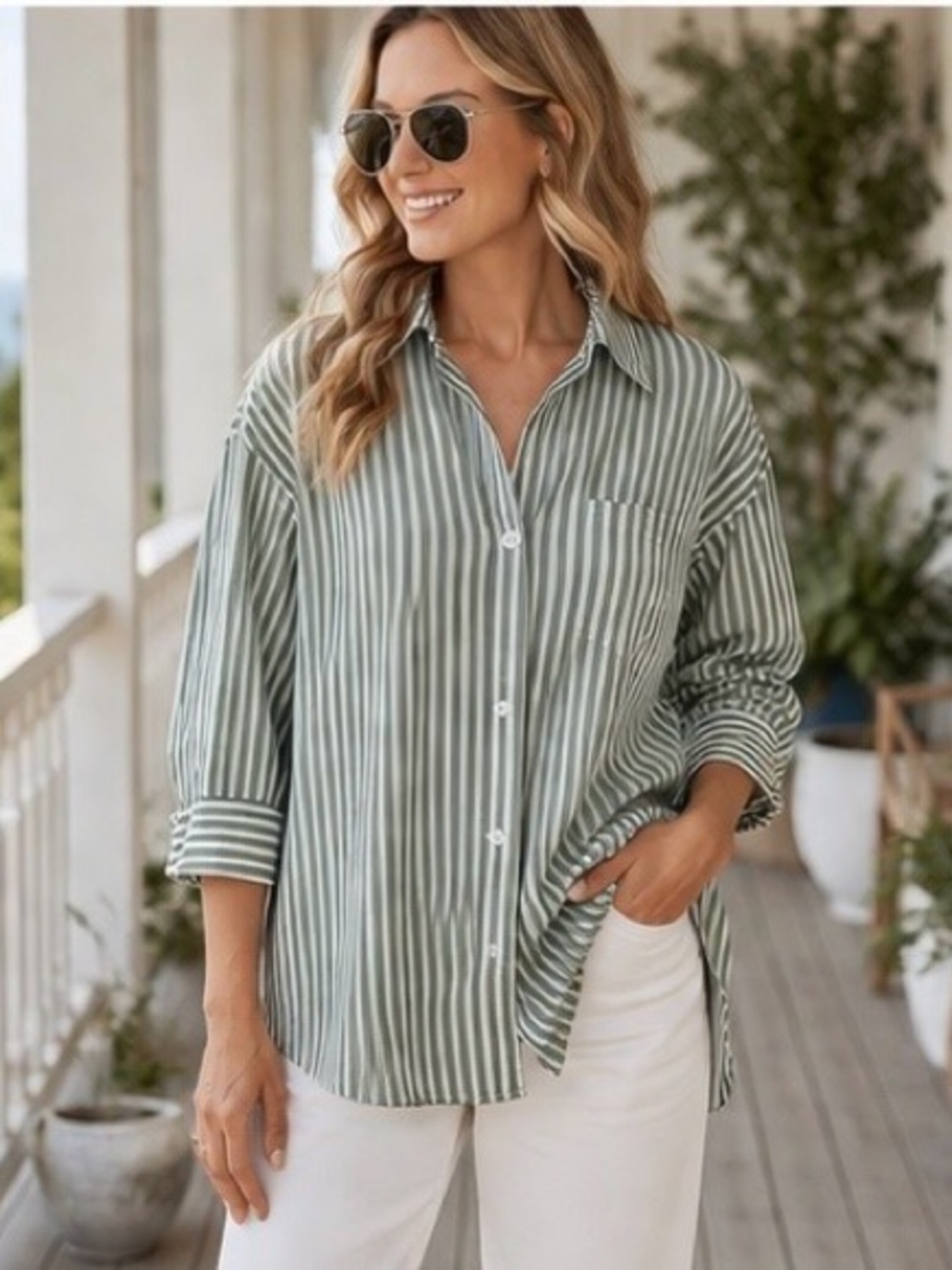 Banana Republic Oversized Striped Button Down Shirt  Cotton  vacation style Lg